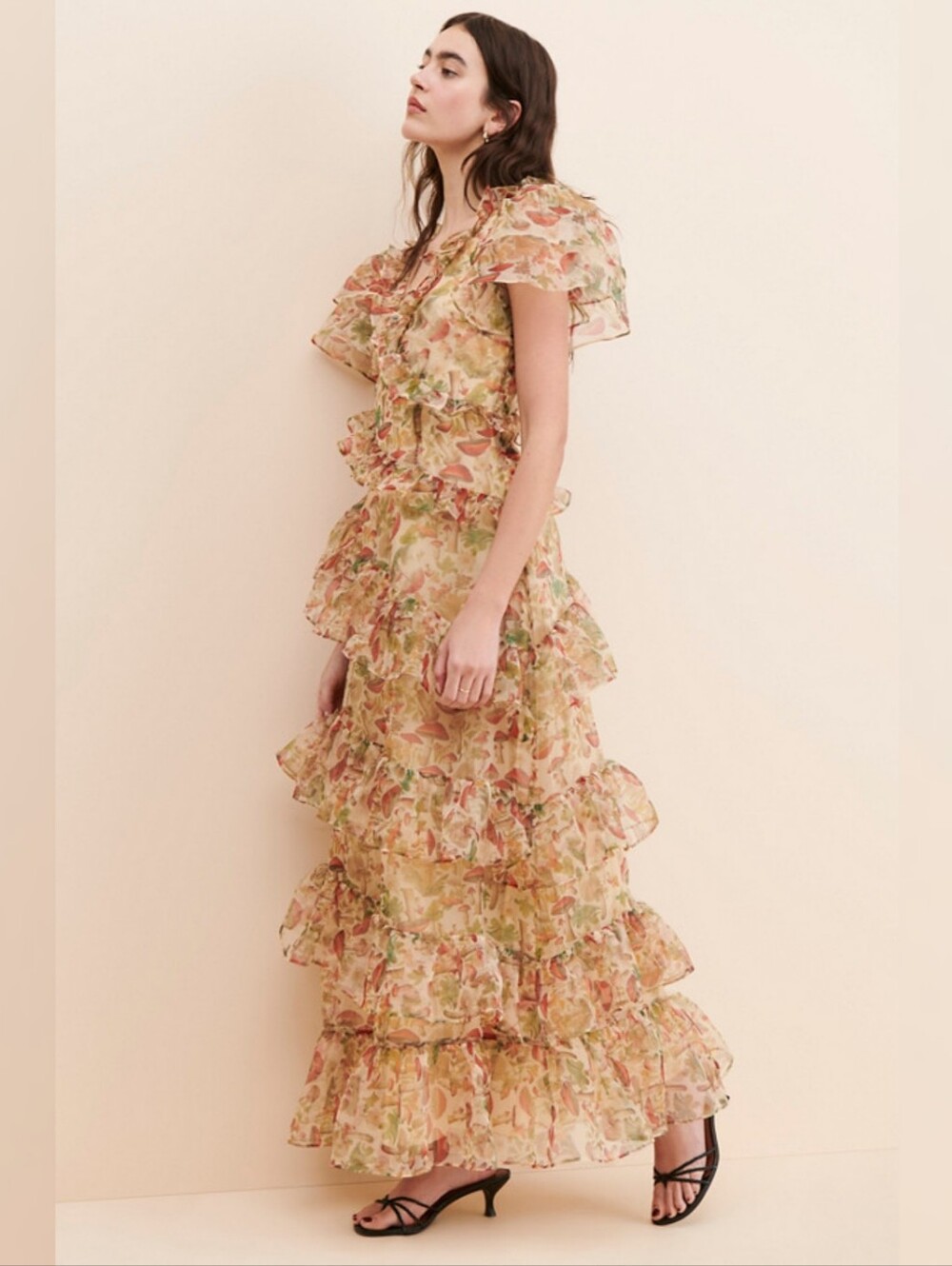 Selkie The Elfin Dress Layered Ruffle Maxi Dress Mushroom Print Women's Large